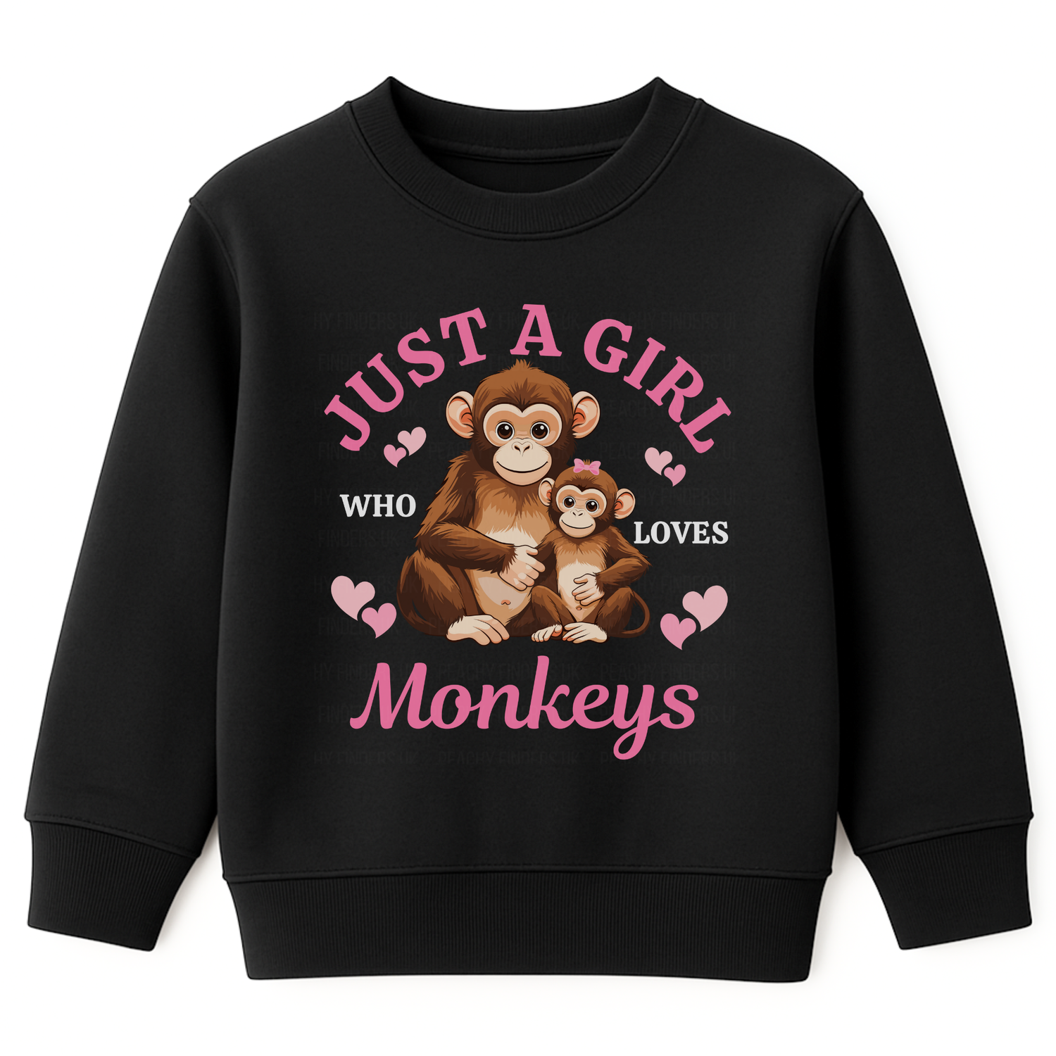 Girls black sweatshirt with 'Just a girls who loves monkeys' printed mum and baby monkeys with pink hearts graphic.