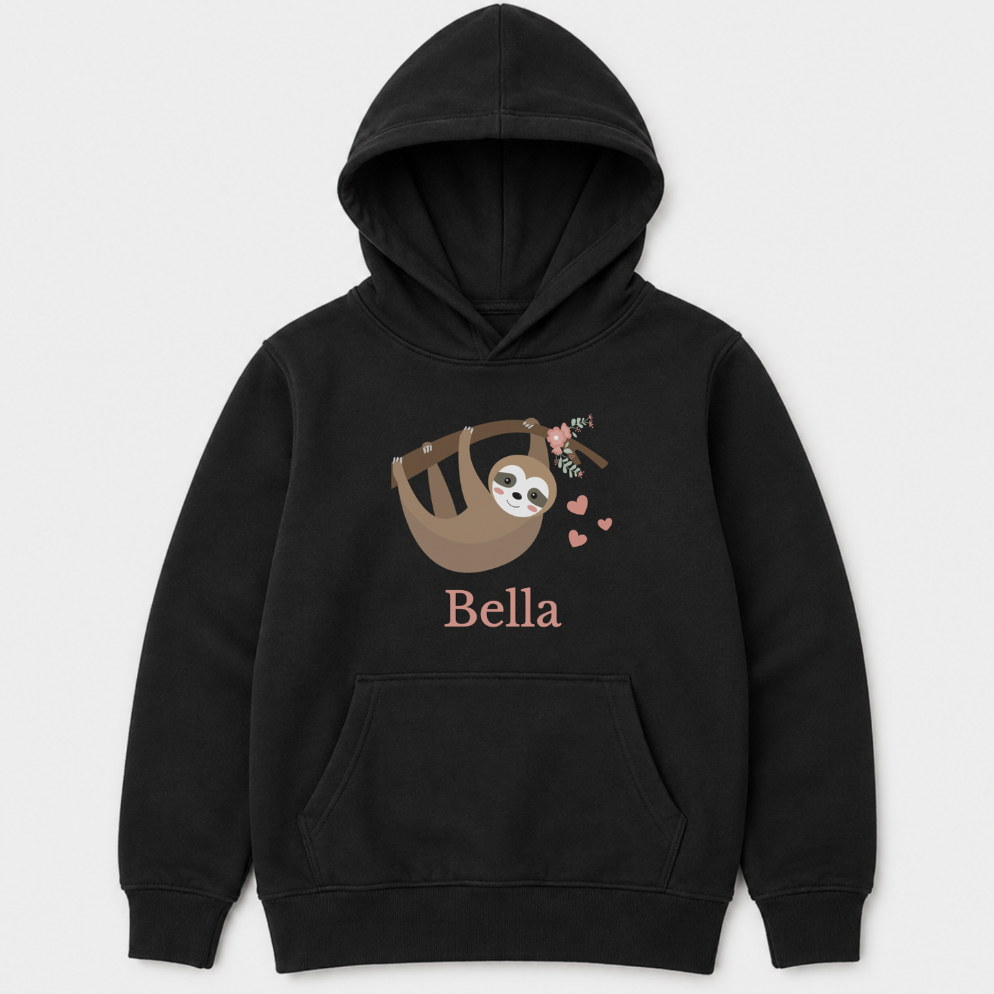 Black personalised kids hoodie with a smiling sloth hanging from a floral branch, surrounded by three pink hearts and the name Bella underneath.