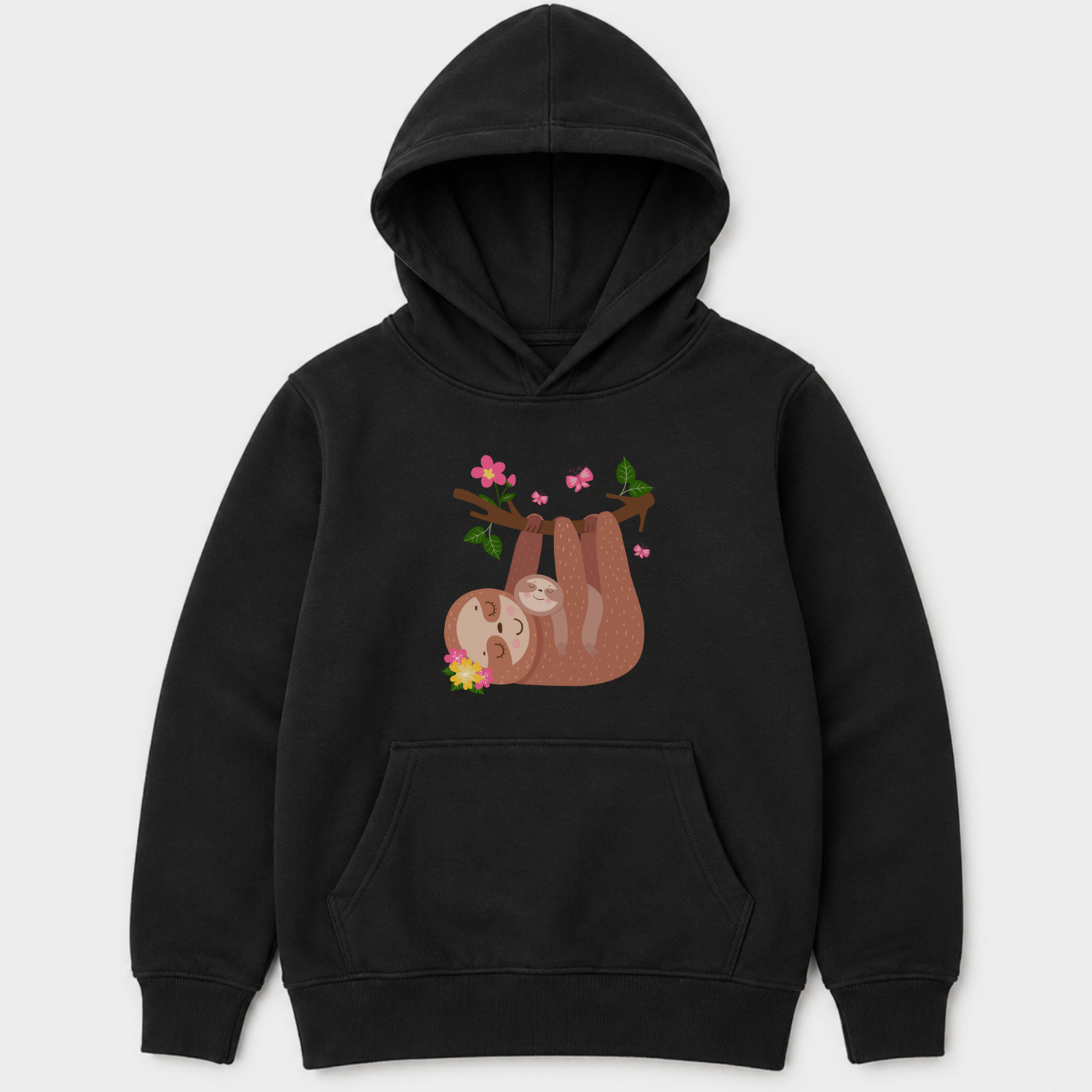 Black kids hoodie featuring a mother sloth cuddling her baby while hanging from a leafy branch with pink flowers and butterflies.