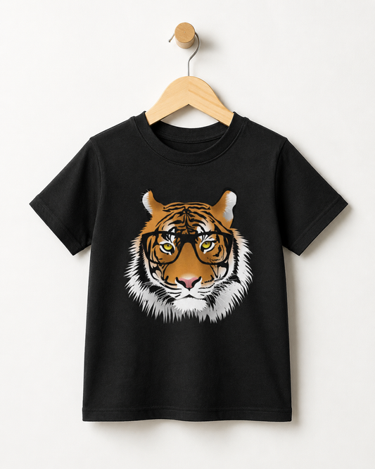 Black kids T-shirt on a wooden hanger featuring a large tiger face wearing black glasses, with orange, white and black fur details.