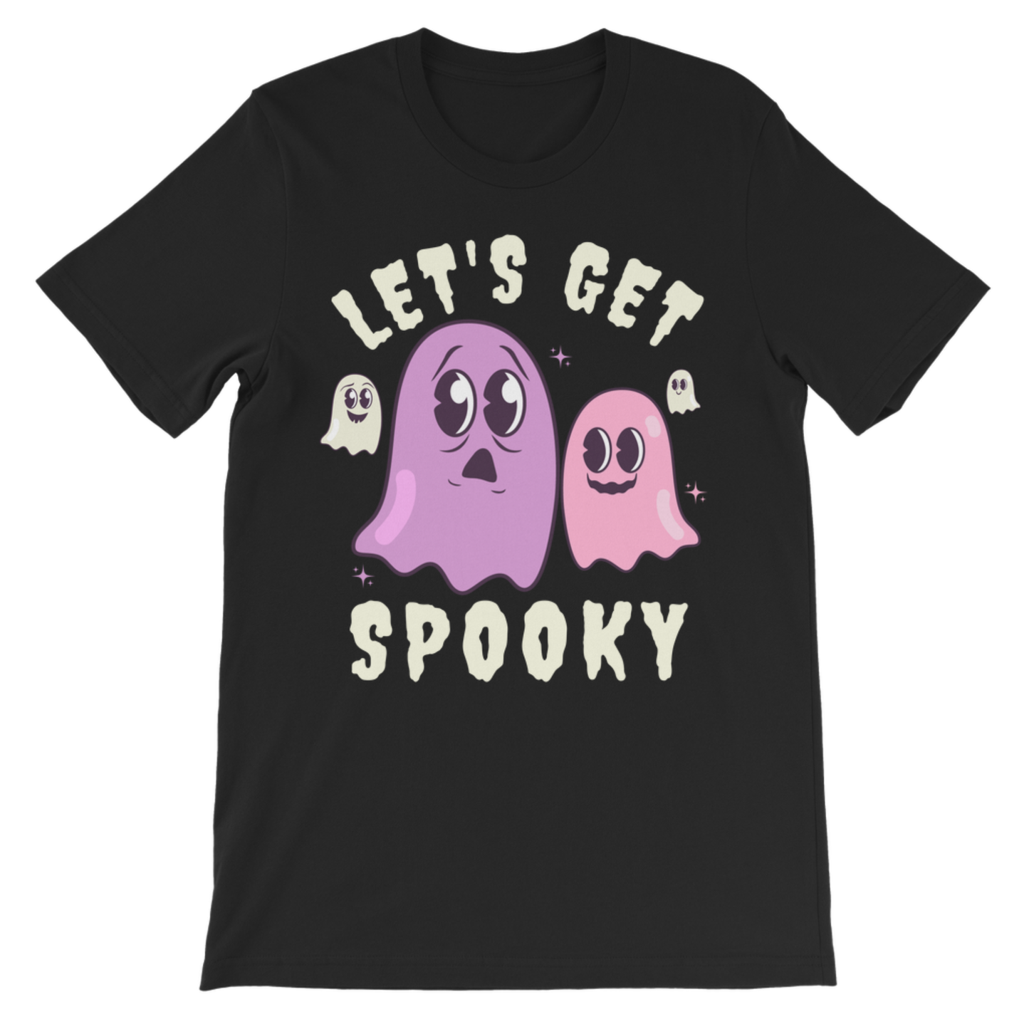 Black Halloween T-shirt featuring pink and purple cartoon ghosts with cream “Let’s Get Spooky” lettering.
