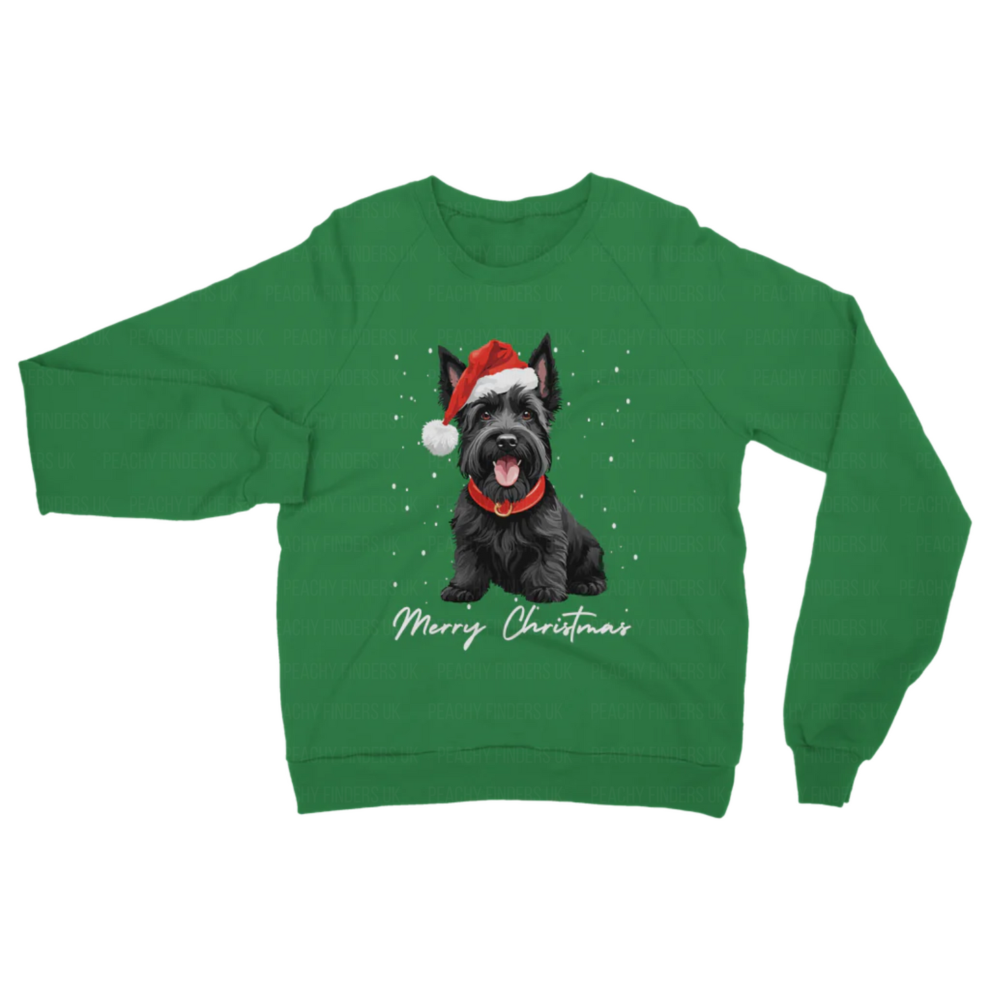Adults green sweatshirt featuring a festive black Scottie dog wearing a Santa hat. Text says "Merry Christmas" on a snowy background.