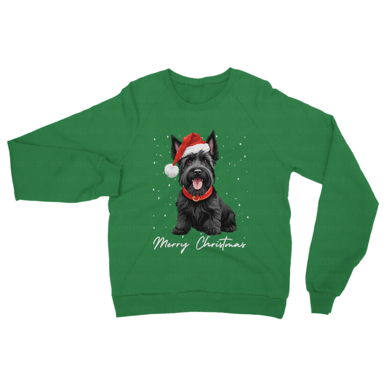 Adults green sweatshirt featuring a festive black Scottie dog wearing a Santa hat. Text says "Merry Christmas" on a snowy background.