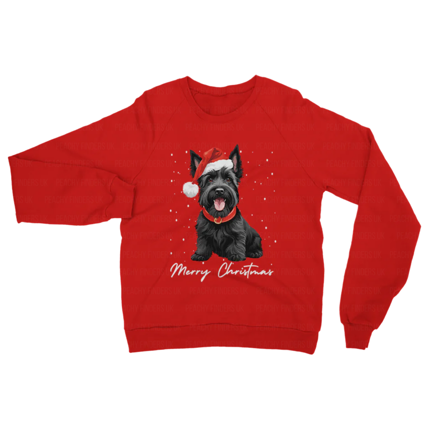 Adults red sweatshirt featuring a festive black Scottie dog wearing a Santa hat. Text says "Merry Christmas" on a snowy background.
