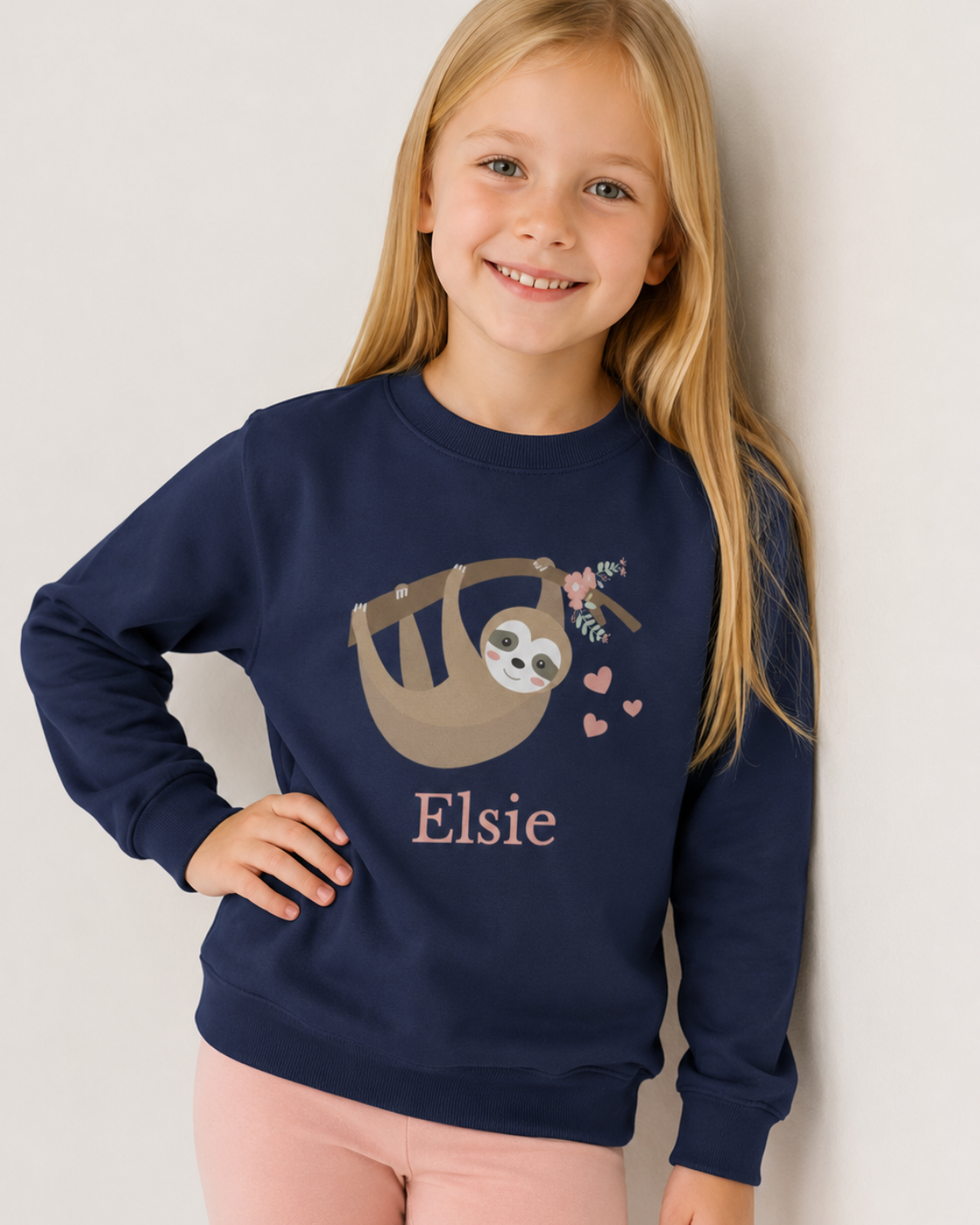 A young girl with blonde hair smiling and posing in a navy blue crewneck sweatshirt featuring a sloth graphic, small pink hearts, and the name 'Elsie' printed in pink. She is wearing light pink leggings against a plain light grey wall.