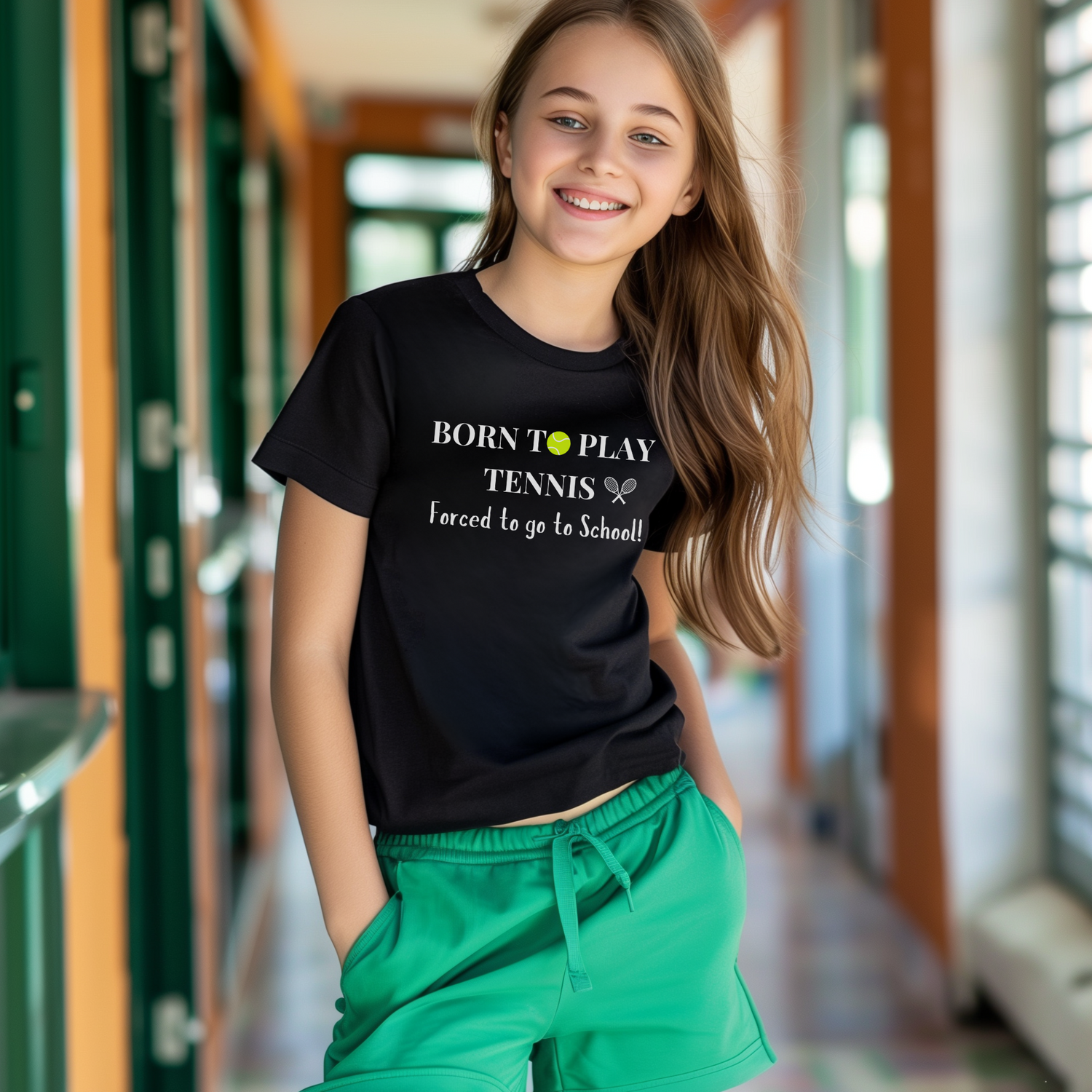 girl wearing a t-shirt with the printed words  born to play tennis forced to go to school