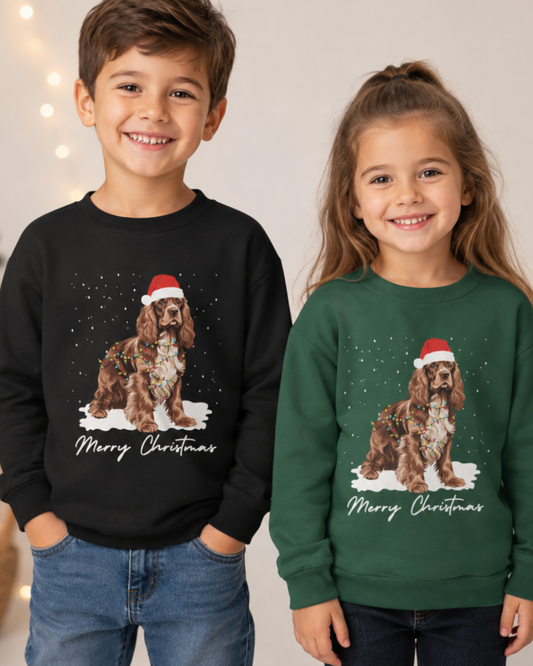 A boy and a girl standing side by side wearing matching Christmas sweatshirts. The boy wears a black sweatshirt with a brown and white Cocker Spaniel graphic wearing a Santa hat, and the girl wears a dark green sweatshirt with the same dog graphic.