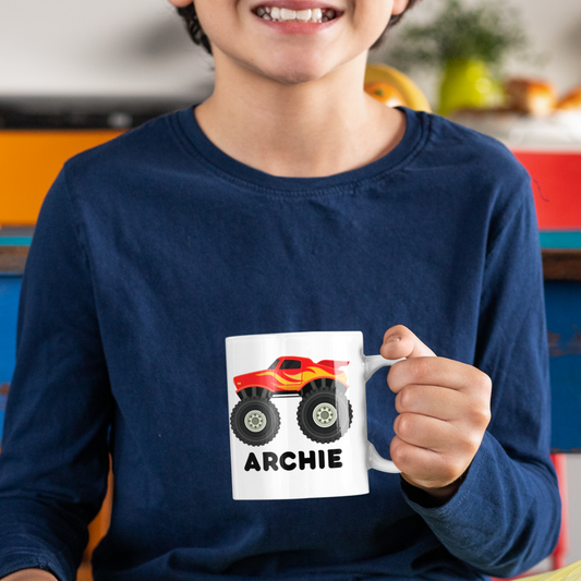 Kids Personalised Red & Yellow Monster Truck Mug