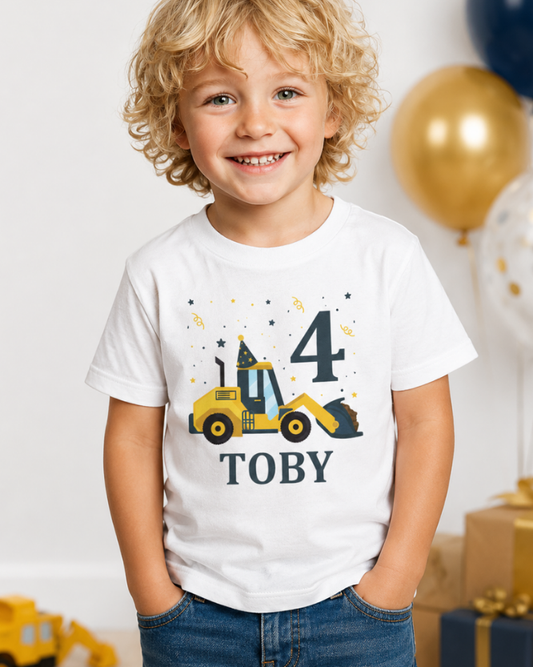 Personalised kids birthday digger T-shirt modelled by boy with construction graphic
