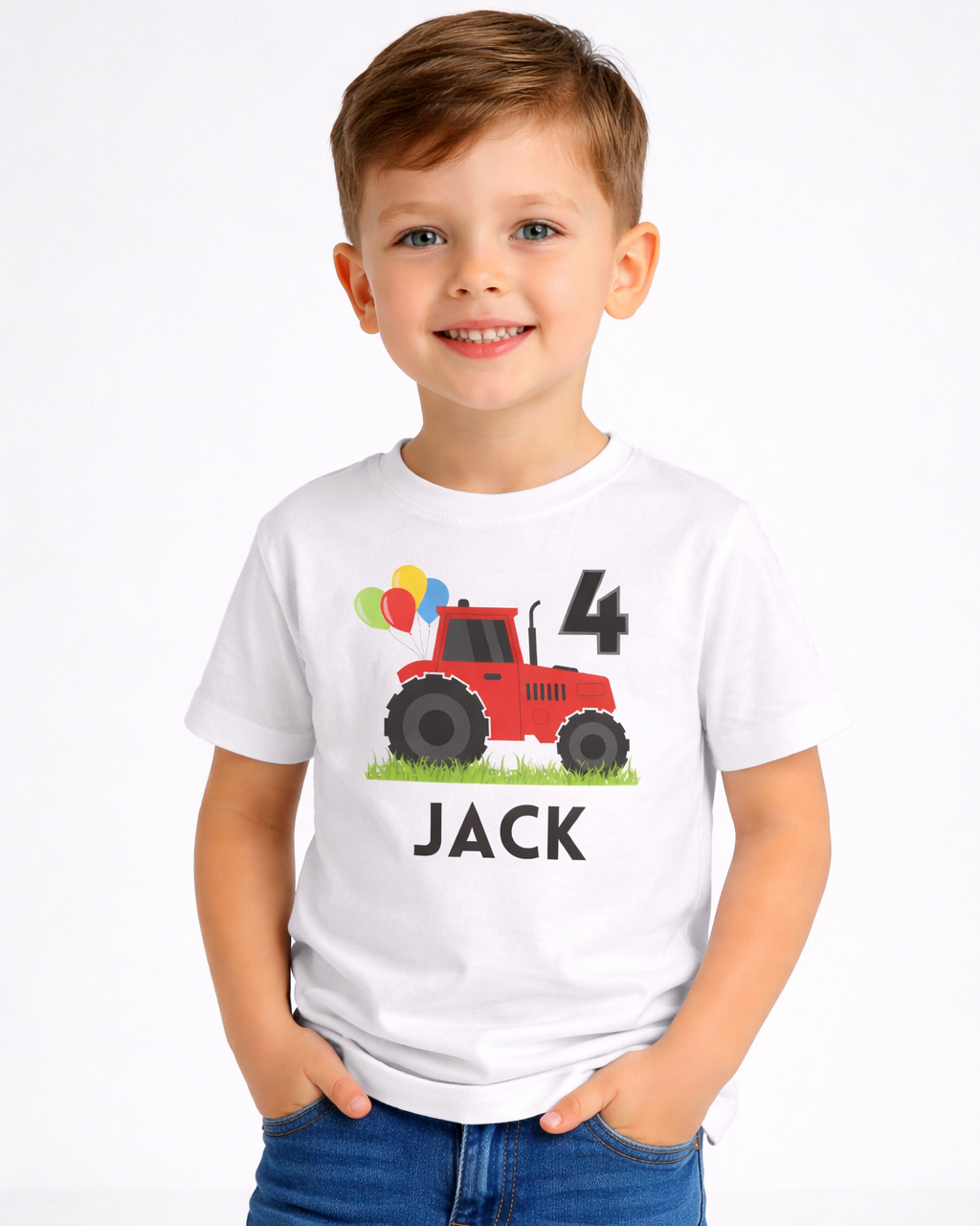 4th birthday tractor t-shirt for boys personalised with name Jack, white kids birthday shirt with red tractor and balloons, studio model wearing birthday tee