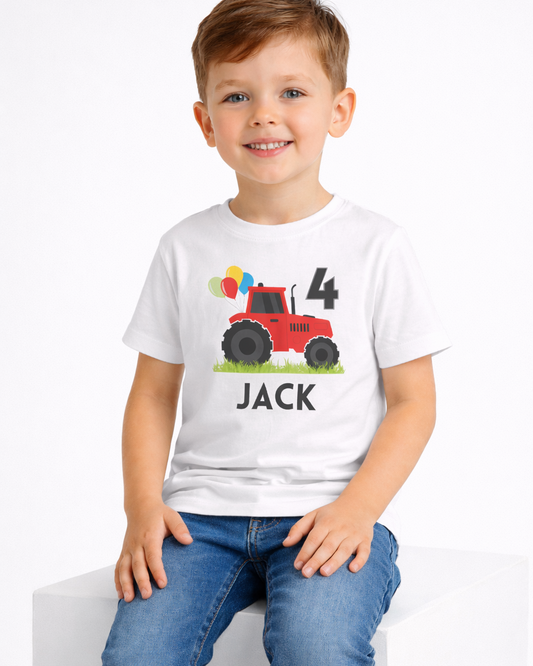 Personalised 4th birthday tractor t-shirt for boys with name Jack, white tractor birthday shirt, studio lifestyle photo of child wearing custom tee