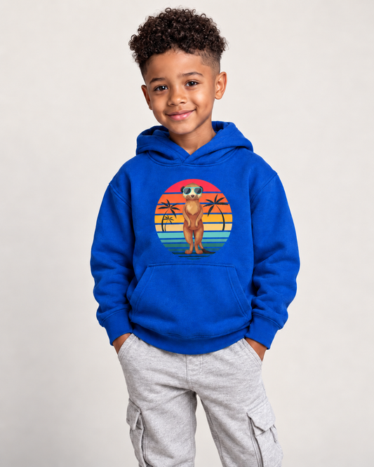 A young boy with curly hair wearing a bright blue hoodie with a retro meerkat graphic on the chest, paired with light grey cargo pants in a studio setting.