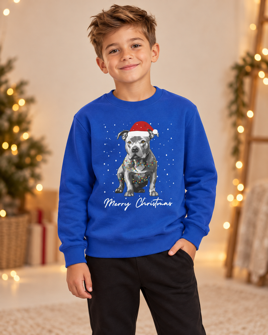 A young boy wearing a royal blue Christmas sweatshirt with a graphic of a pitbull-type dog wearing a Santa hat and the text 'Merry Christmas' underneath, set against a warm, festive holiday background with blurred Christmas trees and lights.