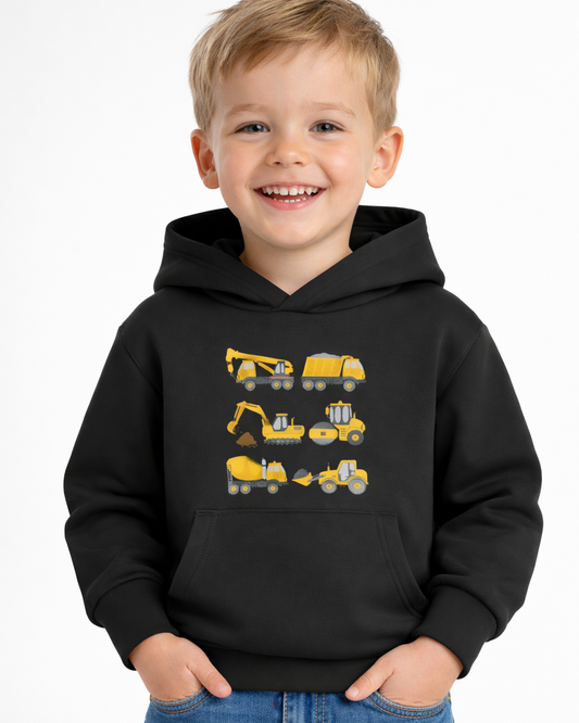 Child wearing a black hoodie with yellow construction vehicle graphics on a white background