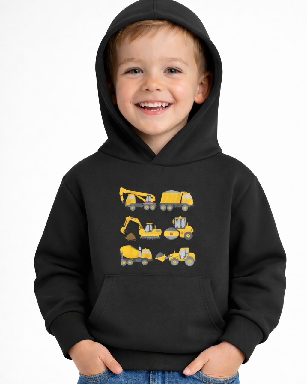 Child wearing a black hoodie with construction vehicle graphics - hood over head, on a white background