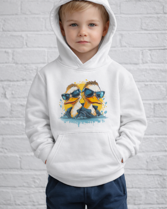 Young boy wearing a white kids hoodie with cool ducks sunglasses graphic, hands in pocket, hood up, standing in front of a light grey brick wall