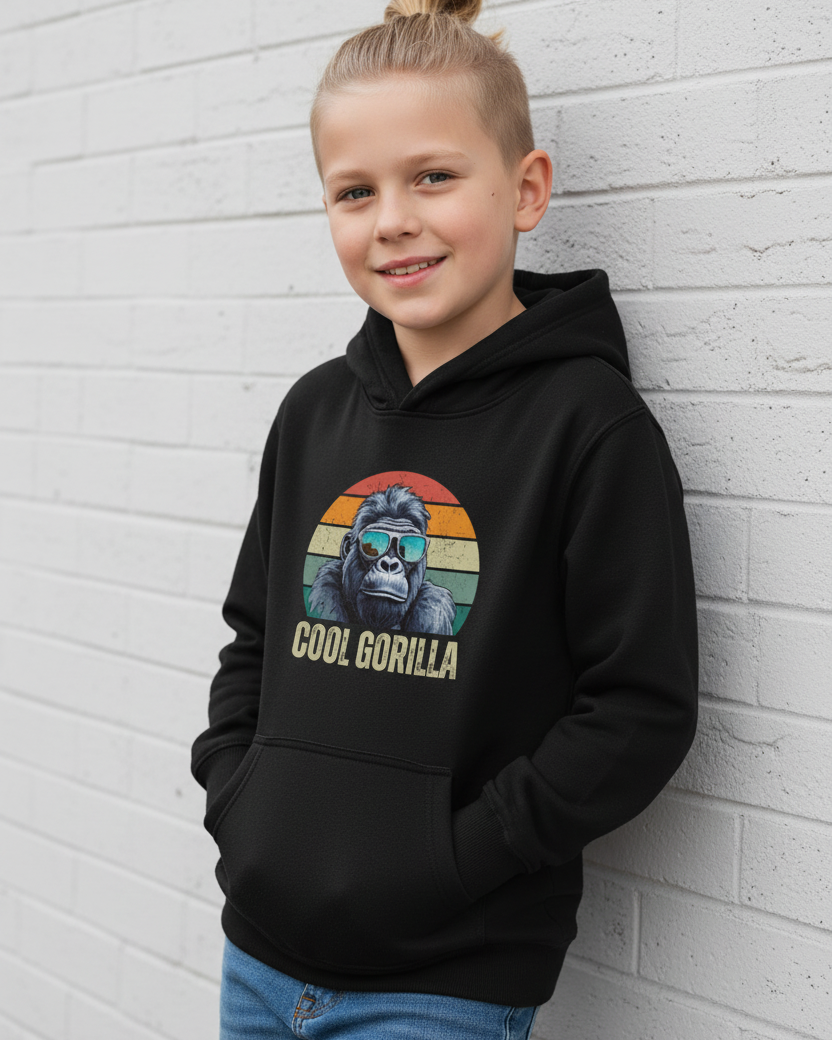 A young girl with a high top knot leans against a white brick wall wearing a black hoodie with a retro-style gorilla graphic and the text 'COOL GORILLA' on the front, paired with blue jeans.