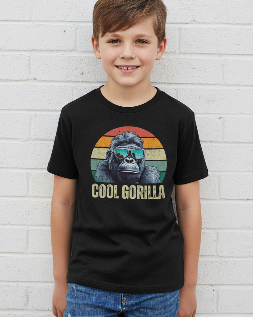 Boy models a black short-sleeve t-shirt with a retro-style graphic of a gorilla wearing blue-tinted sunglasses in front of a distressed sunset circle, with the text 'COOL GORILLA' printed below.