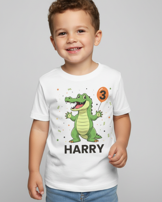 Cute kids crocodile birthday shirt with name Harry and number 3 worn by young boy