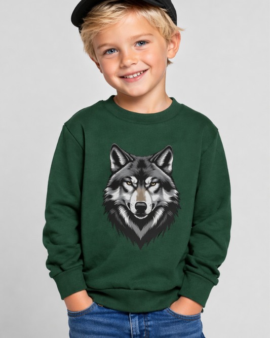 Young boy wearing dark green wolf sweatshirt, front view showing detailed animal graphic design