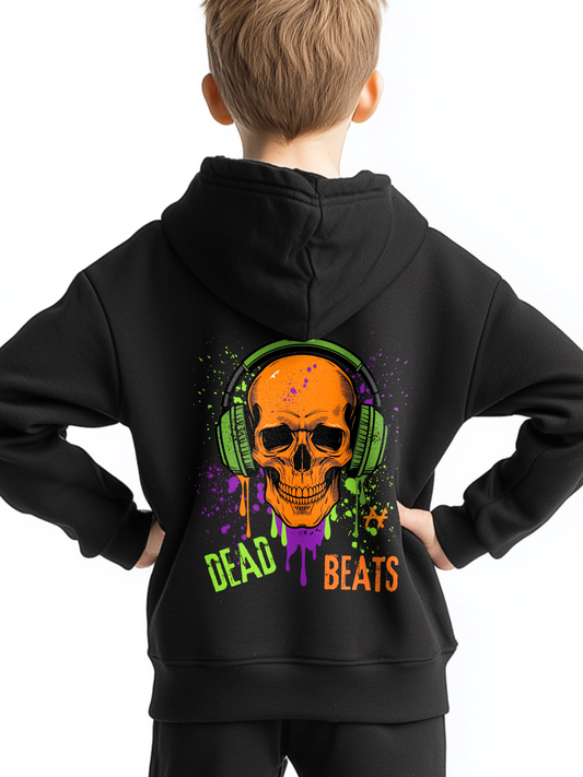 Boy wearing a black zip hoodie with “Dead Beats” skull headphones neon graffiti back print.