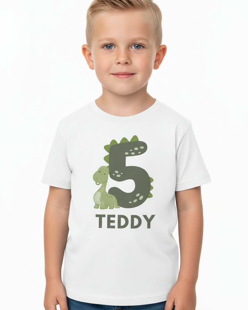 Boys personalised 5th birthday dinosaur t-shirt with name Teddy, minimal sage green number five birthday shirt, studio image