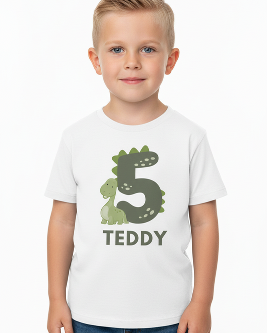 Boys personalised 5th birthday dinosaur t-shirt with name Teddy, minimal sage green number five birthday shirt, studio image