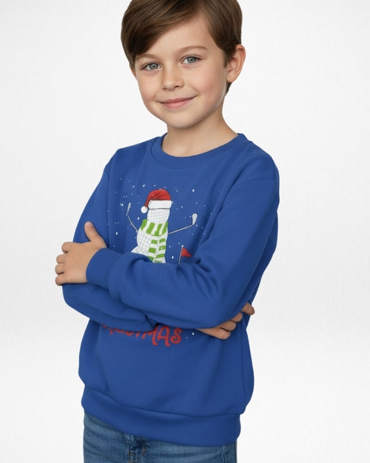 Kids Christmas jumper with golf snowman design in royal blue, model wearing festive sweatshirt for boys
