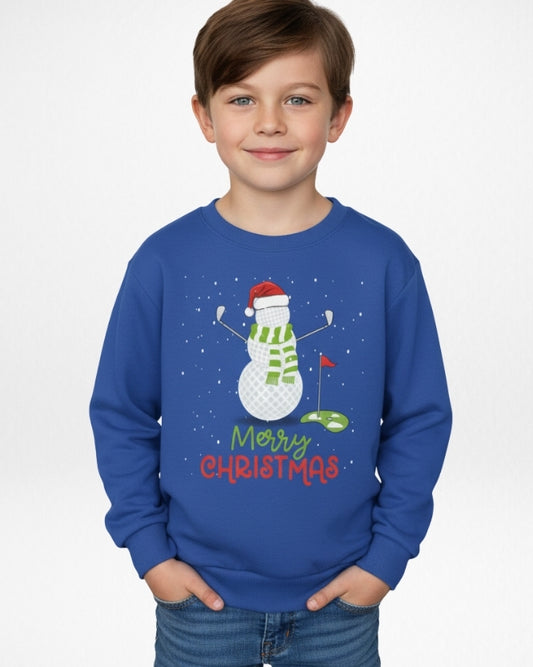 Kids Christmas jumper with golf snowman design, royal blue festive sweatshirt for young golf lovers