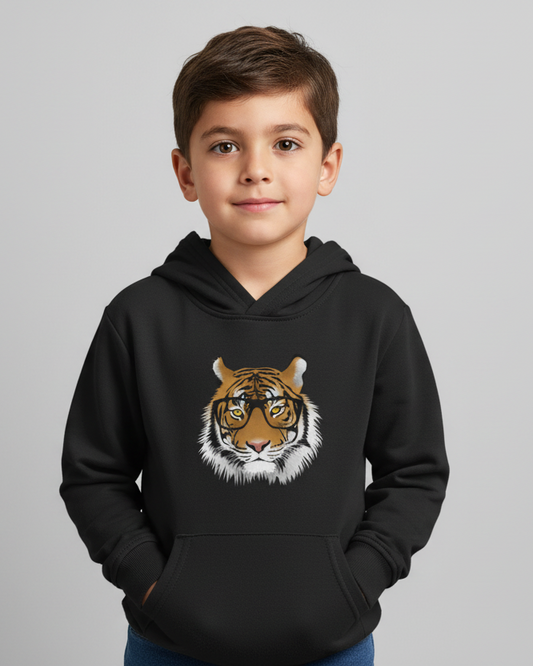 Child wearing kids tiger black hoodie front view with detailed tiger face print.
