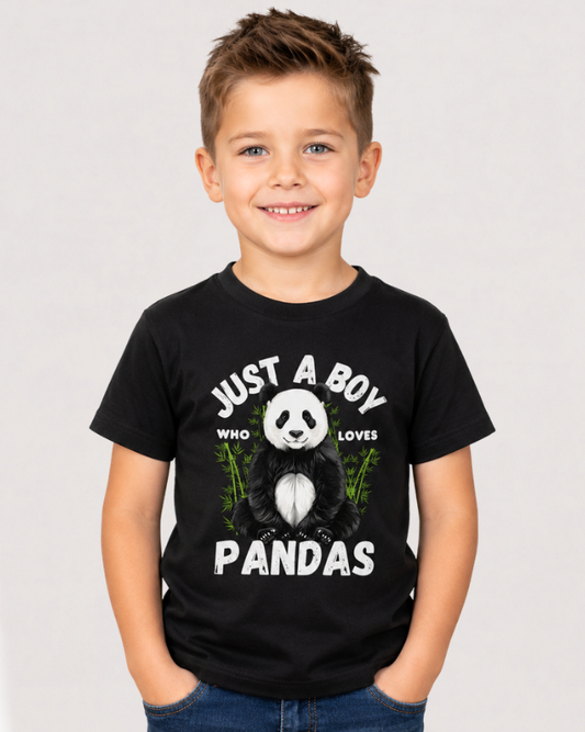 Boy wearing a black t-shirt with a panda design and text on a white background