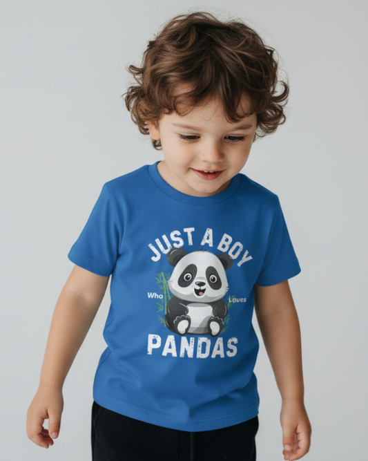 Young boy wearing a blue t-shirt with a "Just a Boy who loves Pandas" design and text, studio setting.