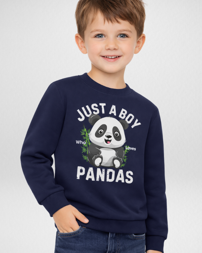 Young boy wearing navy “Just a Boy Who Loves Pandas” kids sweatshirt with cute panda graphic – boys panda sweatshirt outfit