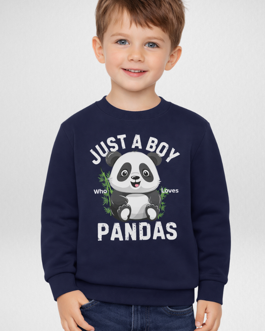 Child model wearing navy kids panda sweatshirt with “Just a Boy Who Loves Pandas” design – boys animal sweatshirt