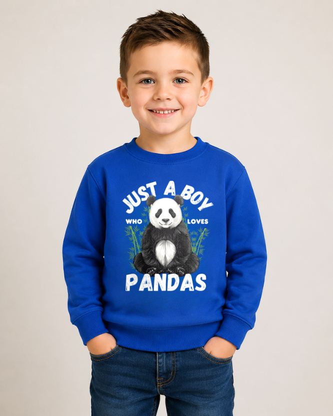 Young boy modelling a royal blue sweatshirt featuring “Just a Boy Who Loves Pandas” design with sitting panda and bamboo graphic - studio setting
