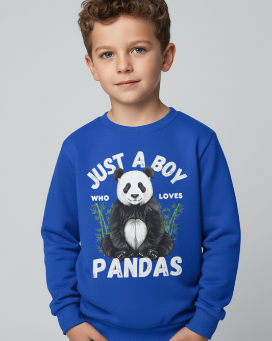 Boy wearing royal blue “Just a Boy Who Loves Pandas” kids sweatshirt with panda graphic by Peachy Finders