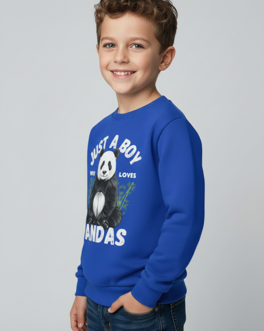 Side view of boy wearing royal blue panda graphic sweatshirt for kids – “Just a Boy Who Loves Pandas”