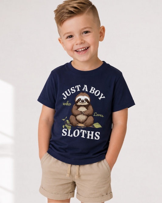 Young boy wearing navy “Just A Boy Who Loves Sloths” graphic t-shirt with beige shorts in studio setting