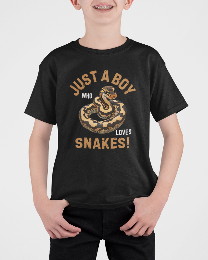 Child wearing black snake graphic t-shirt with “Just a Boy Who Loves Snakes” design, front view
