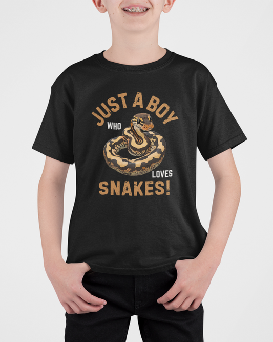 Child wearing black snake graphic t-shirt with “Just a Boy Who Loves Snakes” design, front view