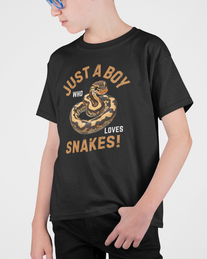 Boy wearing black “Just a Boy Who Loves Snakes” t-shirt, side view showing snake graphic design