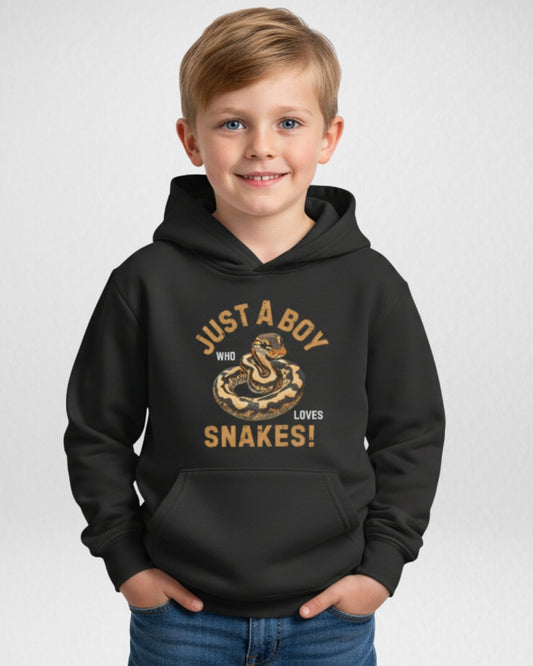 Boys black hoodie with “Just a Boy Who Loves Snakes” slogan and snake graphic, kids animal lover pullover hoodie