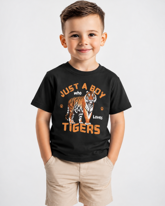 Kids black Just a Boy Who Loves Tigers t-shirt modelled by young boy in beige shorts