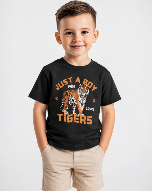 Kids black Just a Boy Who Loves Tigers t-shirt modelled by young boy in beige shorts