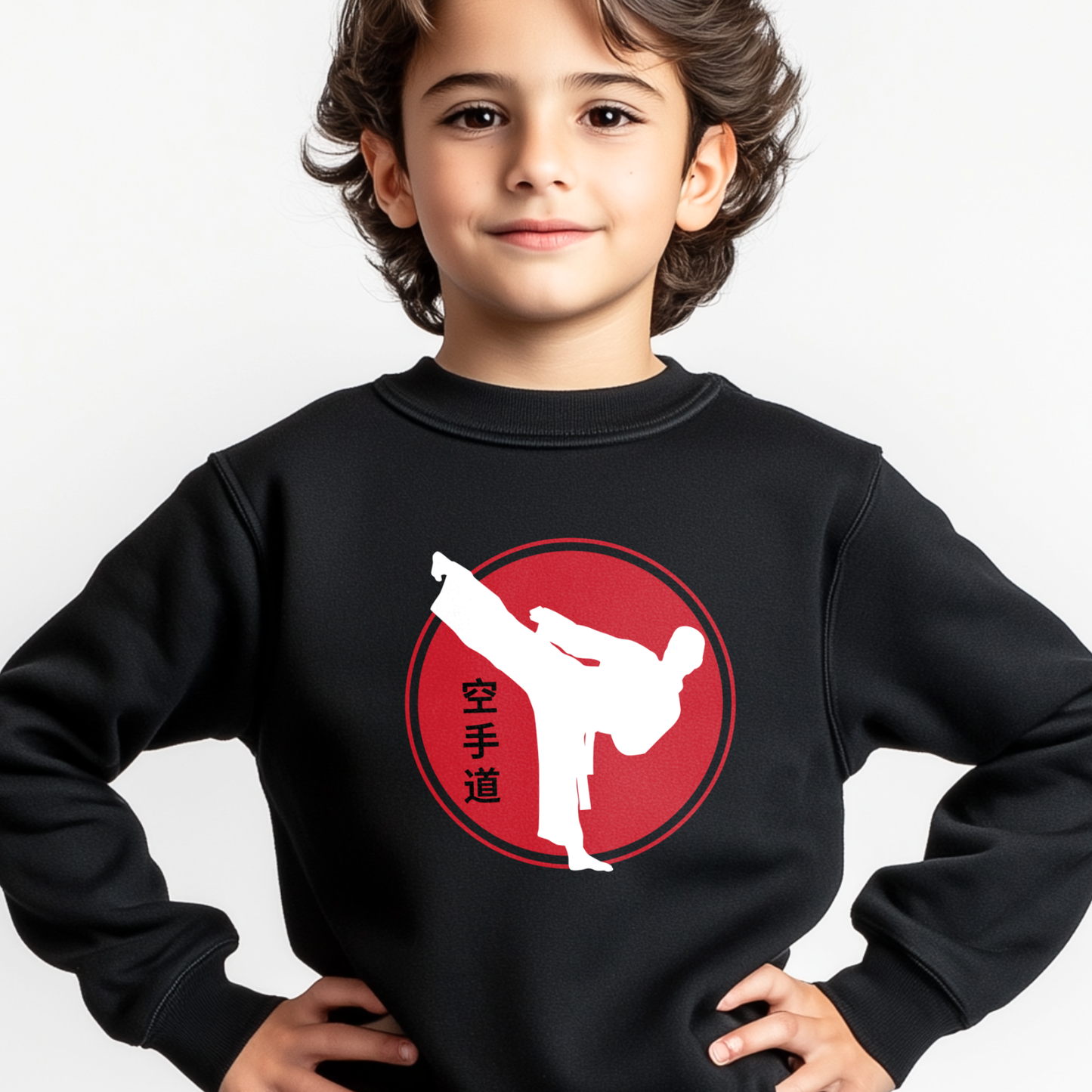 Boy wearing a black kids karate sweatshirt with a white kicking silhouette inside a red circle with Japanese kanji, studio white background.
