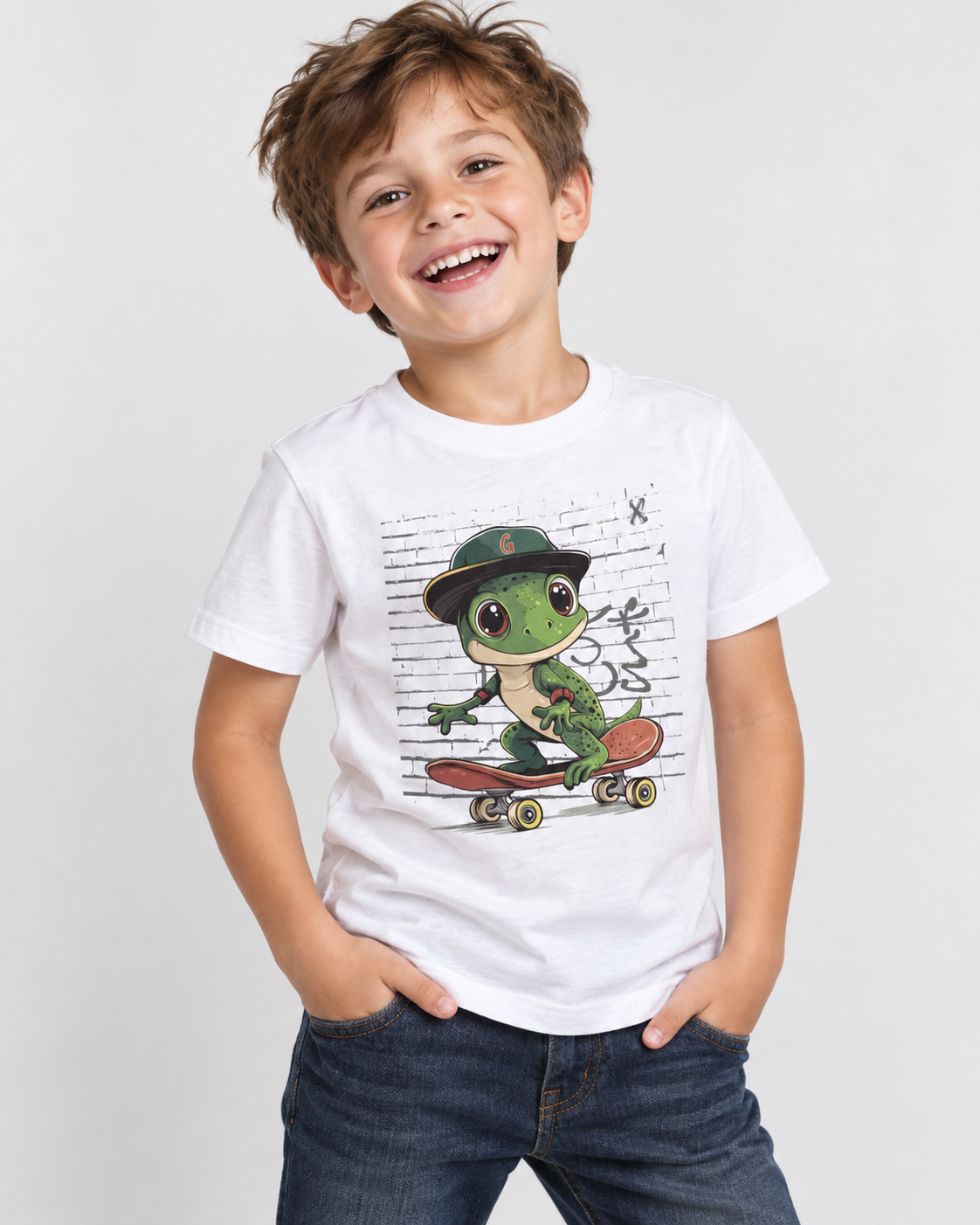 A smiling young boy wearing a white short-sleeve graphic t-shirt with a green cartoon Gecko riding a skateboard, paired with blue jeans, against a light grey studio background.