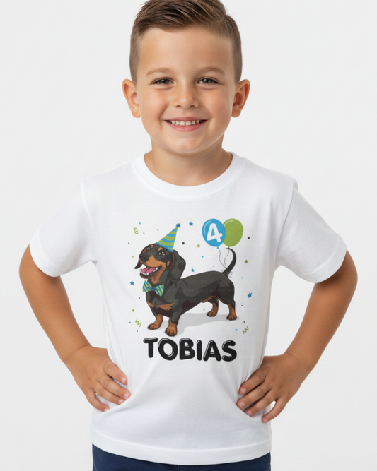 Boys Personalised Birthday Dachshund T-shirt (3-11 yrs)