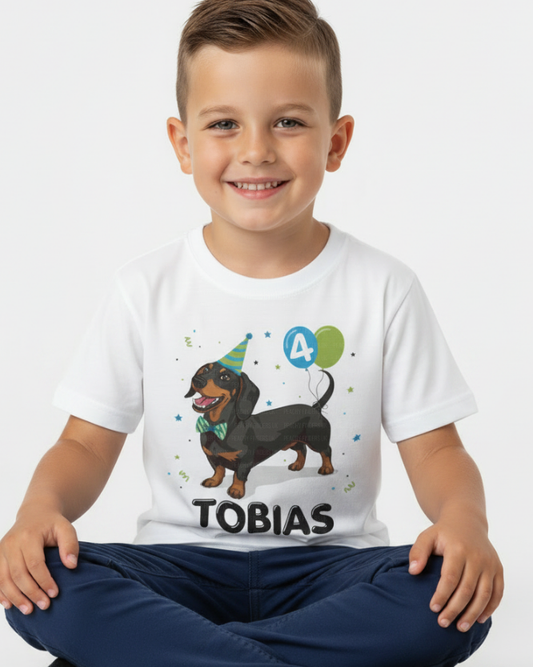Boys Personalised Birthday Dachshund T-shirt (3-11 yrs)