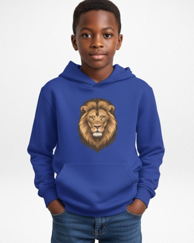 Kids royal blue lion hoodie with detailed lion face print, boys animal hoodie front view studio