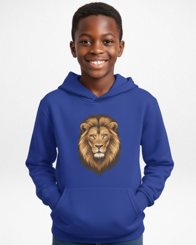 Boys royal blue lion hoodie with lion face graphic, kids animal sweatshirt smiling model studio image
